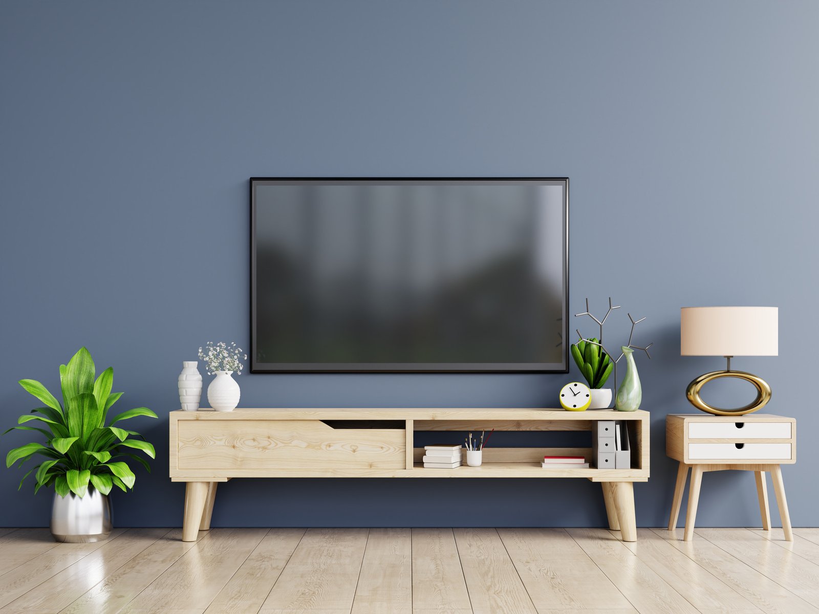 Smart TV on Dark Blue Wall in Living Room