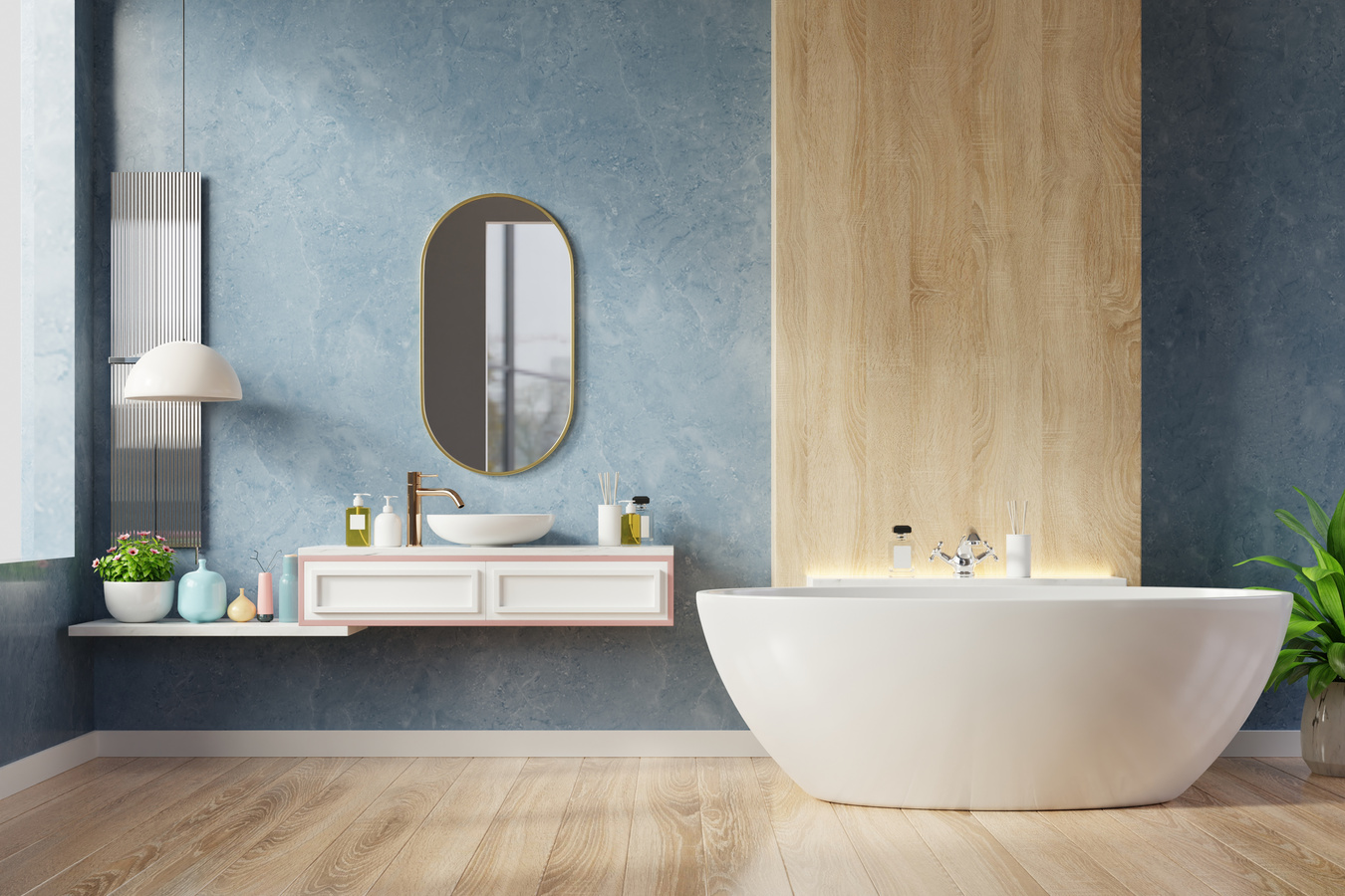 Modern Bathroom Interior Design on Dark Blue Wall.